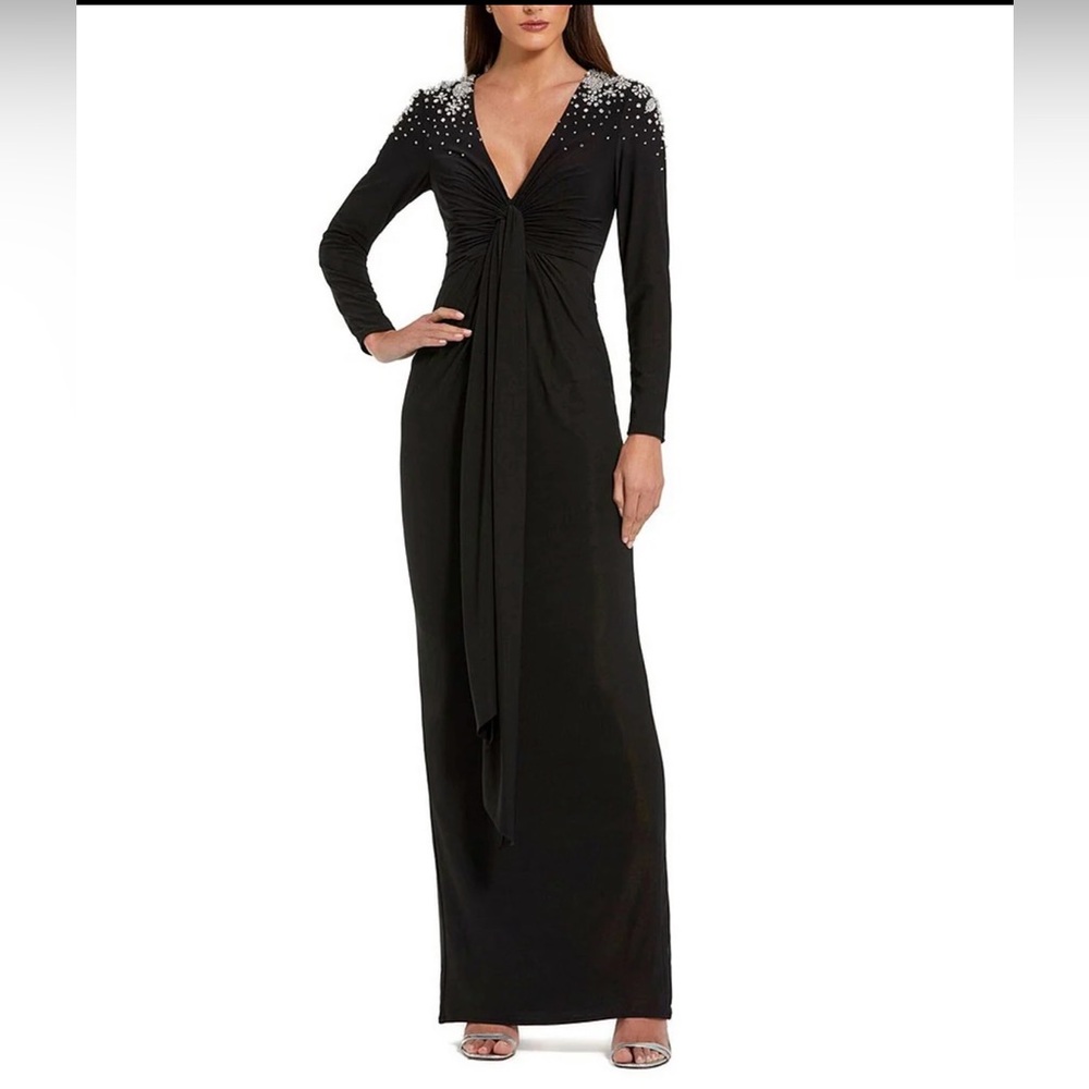 NWT Mac Duggal V-Neck CRYSTAL Beaded Shoulder Jersey Gown, Medium